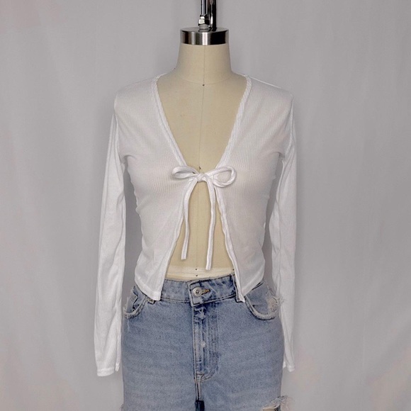 white ribbed drawstring front tie cardigan - Picture 2 of 4